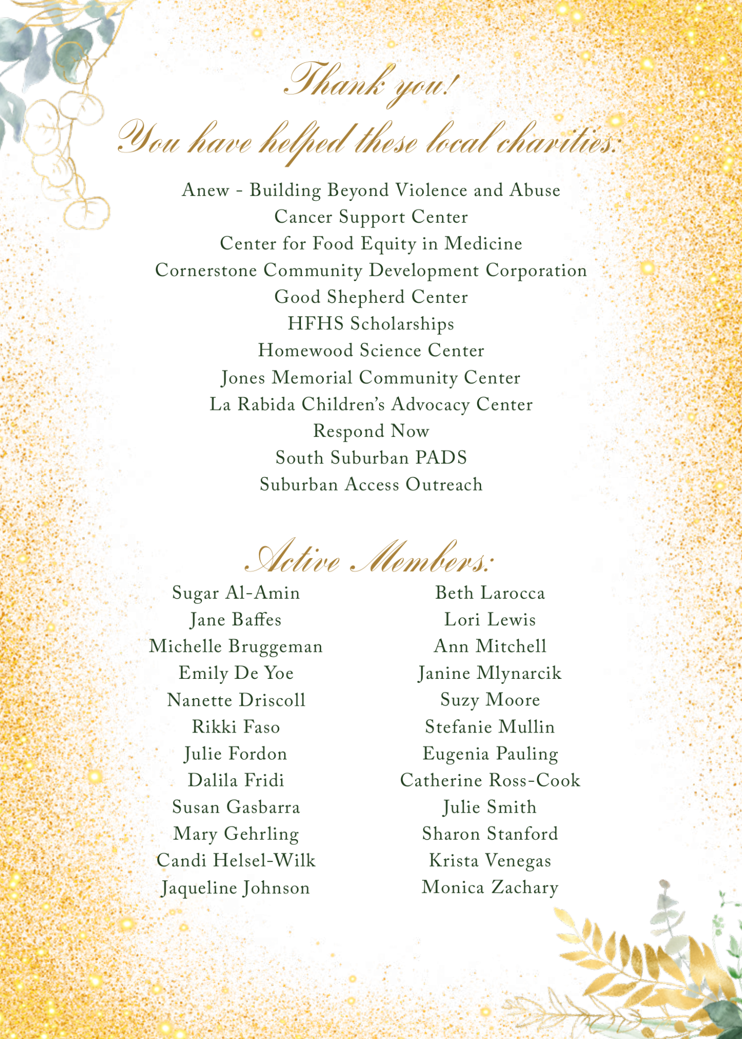 Thank you, supported charities and active members