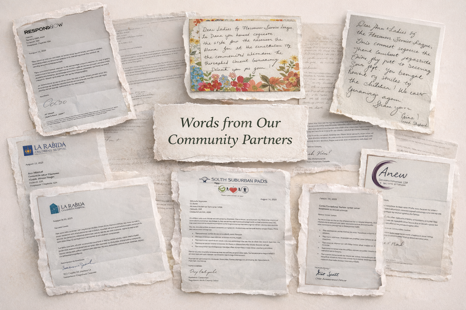 Collage of thank-you letters and notes from Flossmoor Service League community partners
